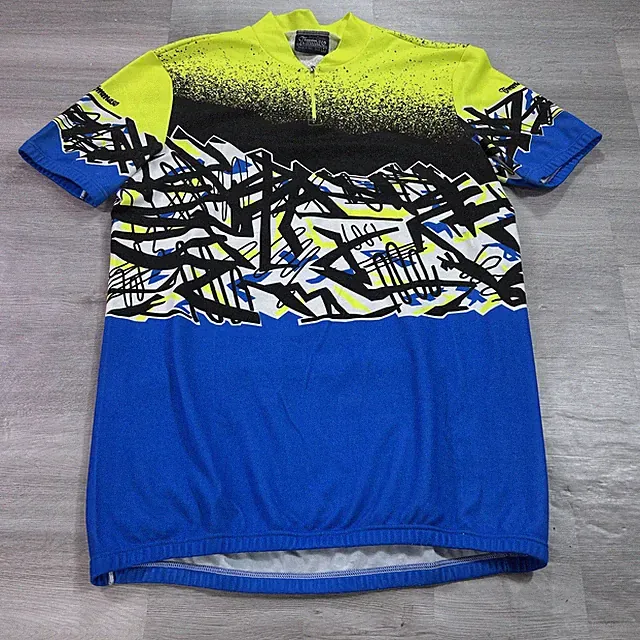 VINTAGE Tommaso Cycling Jersey Mens Large Blue Yellow 1/4 Zip Italy Graphic